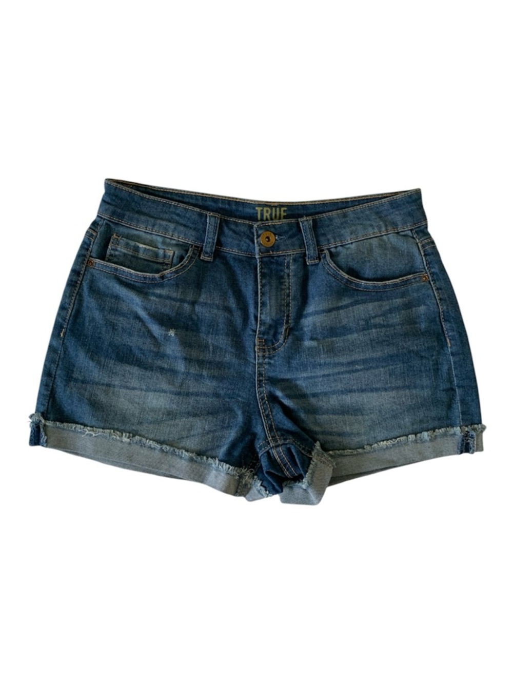True Craft Juniors Denim Jean Shorts Size 7 Blue Cuffed Fringe Short Length Fit